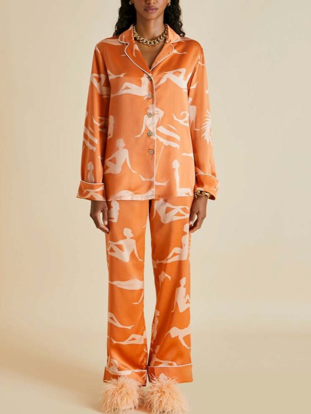 Olivia von Halle Lila Chiro Printed Silk Satin pajamas XS OVH Orange silk PJ set